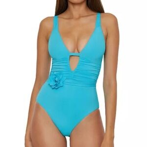 Becca Garden Of Eden 3D Flower One Piece Swimsuit Aqua Blue‎ Size Small